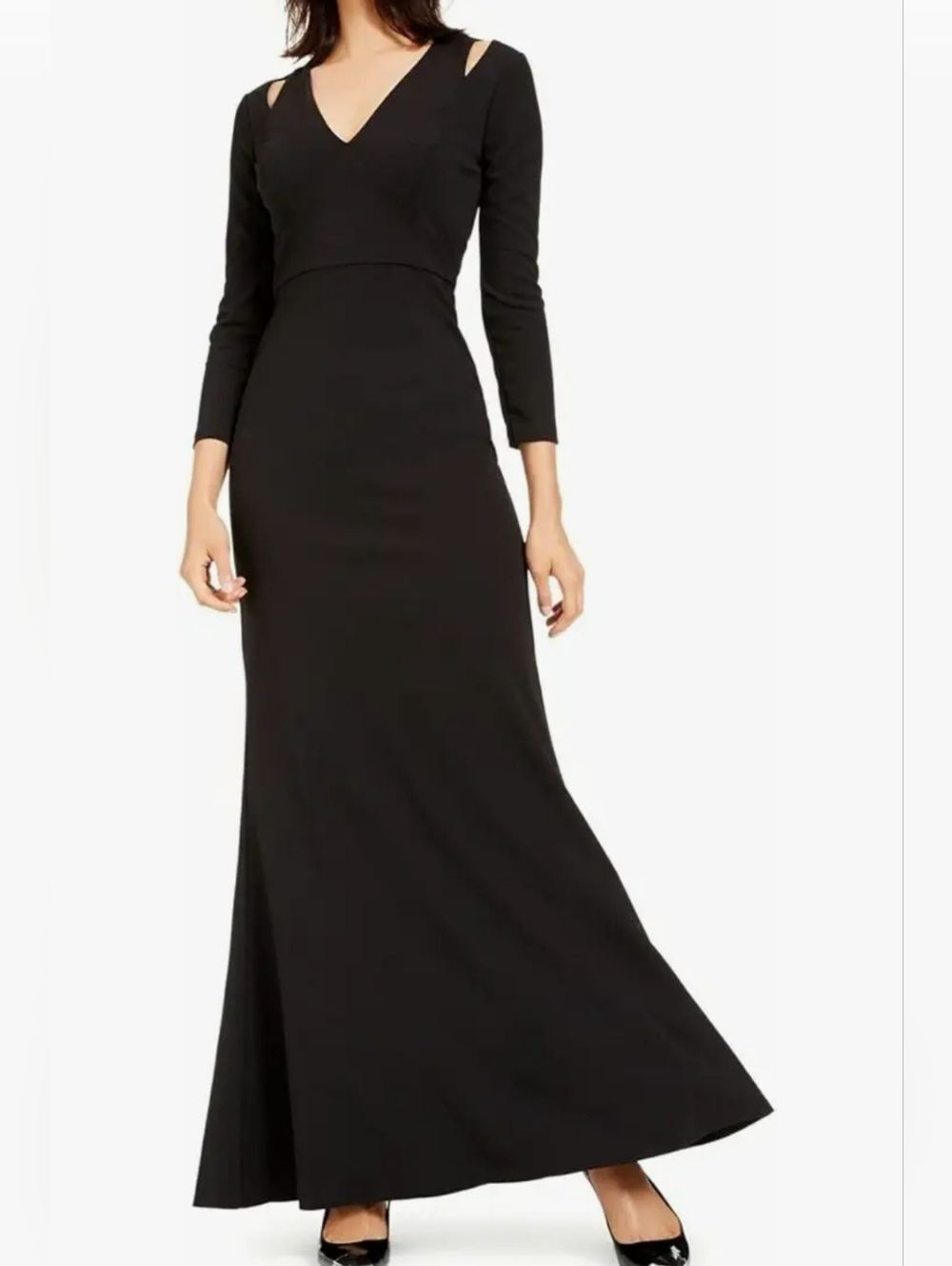 Calvin Klein Size 14 Cut Out Shoulder Long Sleeve Black Dress Formal AR-2284